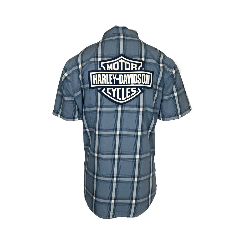 HD Branded  Men's Blue Plaid Shirt Bar & Shield Staple Short Sleeve (342)