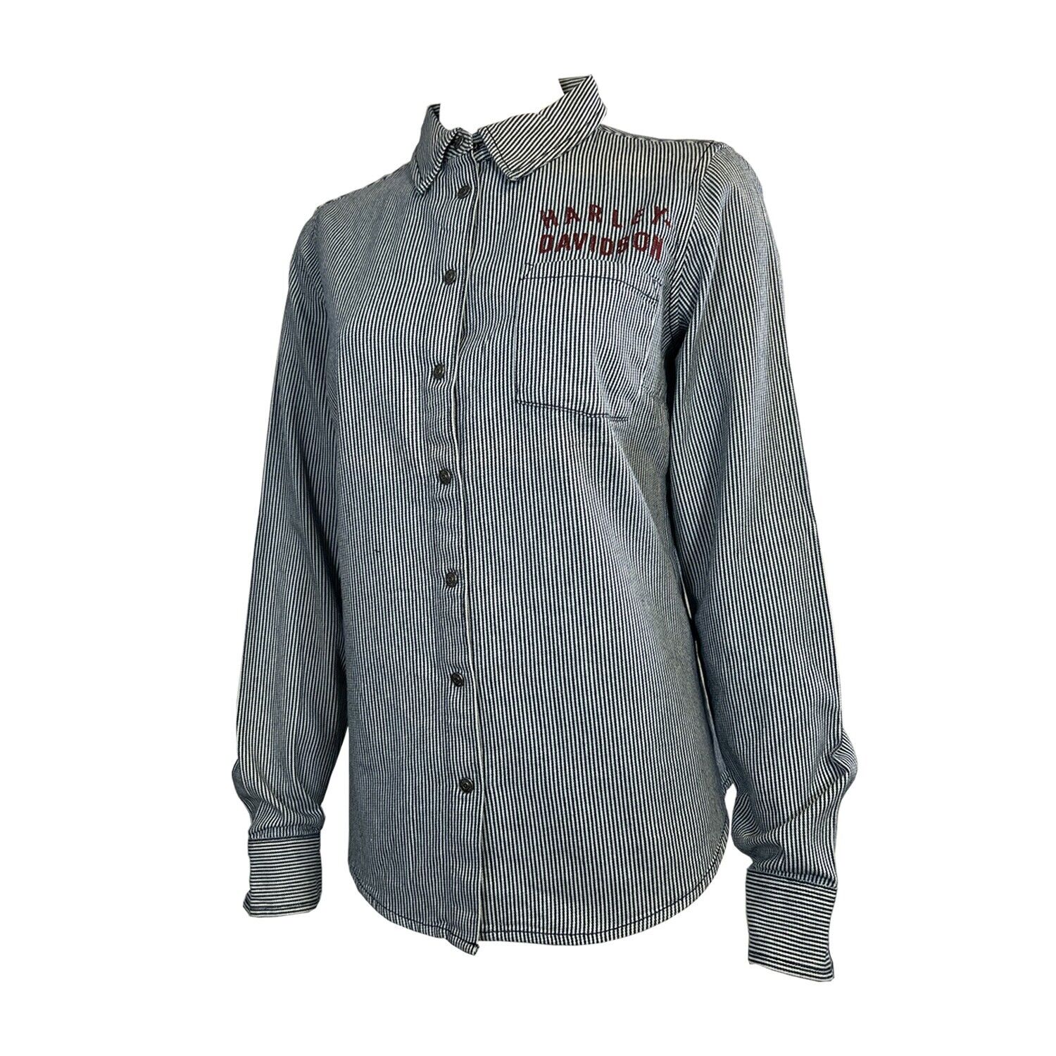HD Branded Women's Blue Shirt Railroad Stripe Logo Long Sleeve (S26)