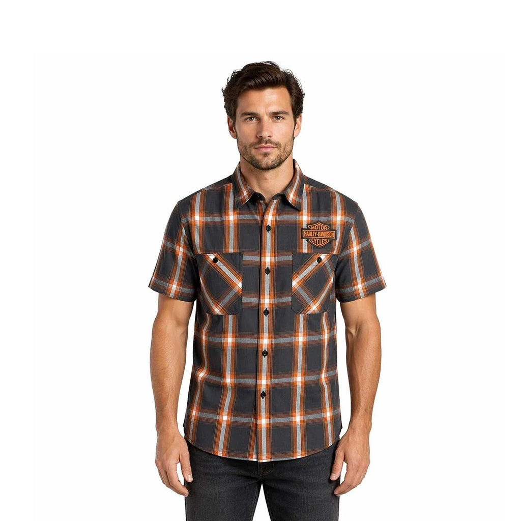 HD Branded  Men's Harley Orange Plaid Shirt Bar & Shield Staple S/S (344)