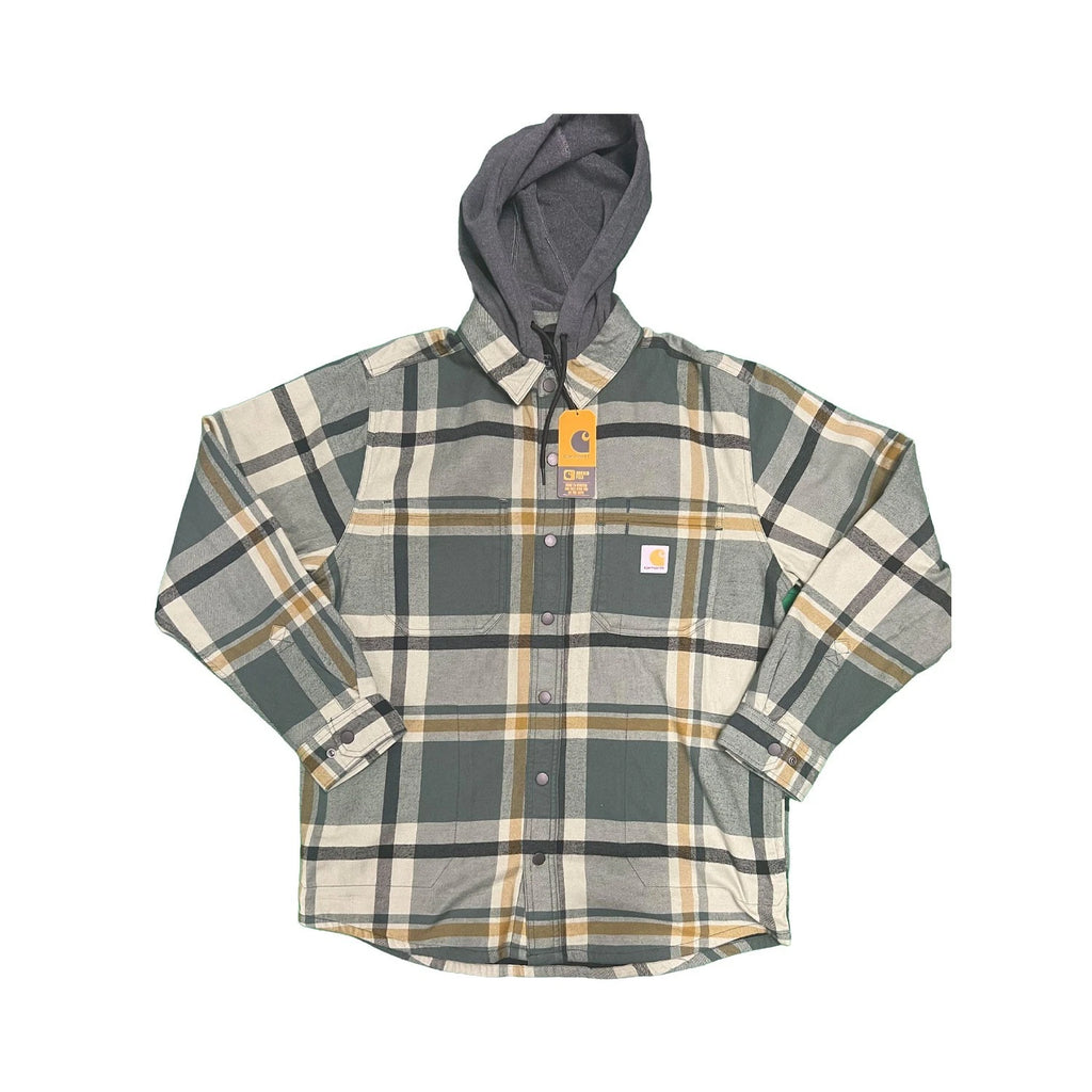 Carhartt Men's Green Shirt Rugged Flex Hooded Plaid Fleece Lined Shacket (S049)
