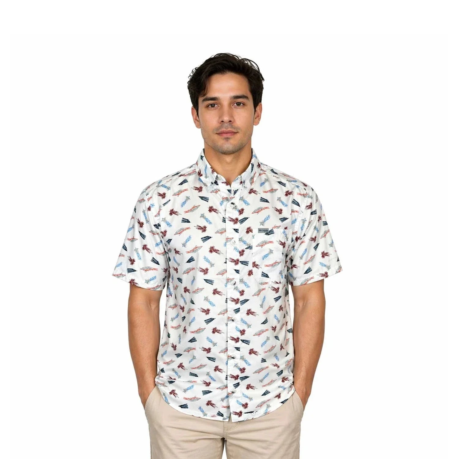Columbia Men's White Fly Pride Shirt PFG Super Slack Tide Camp S/S (111)