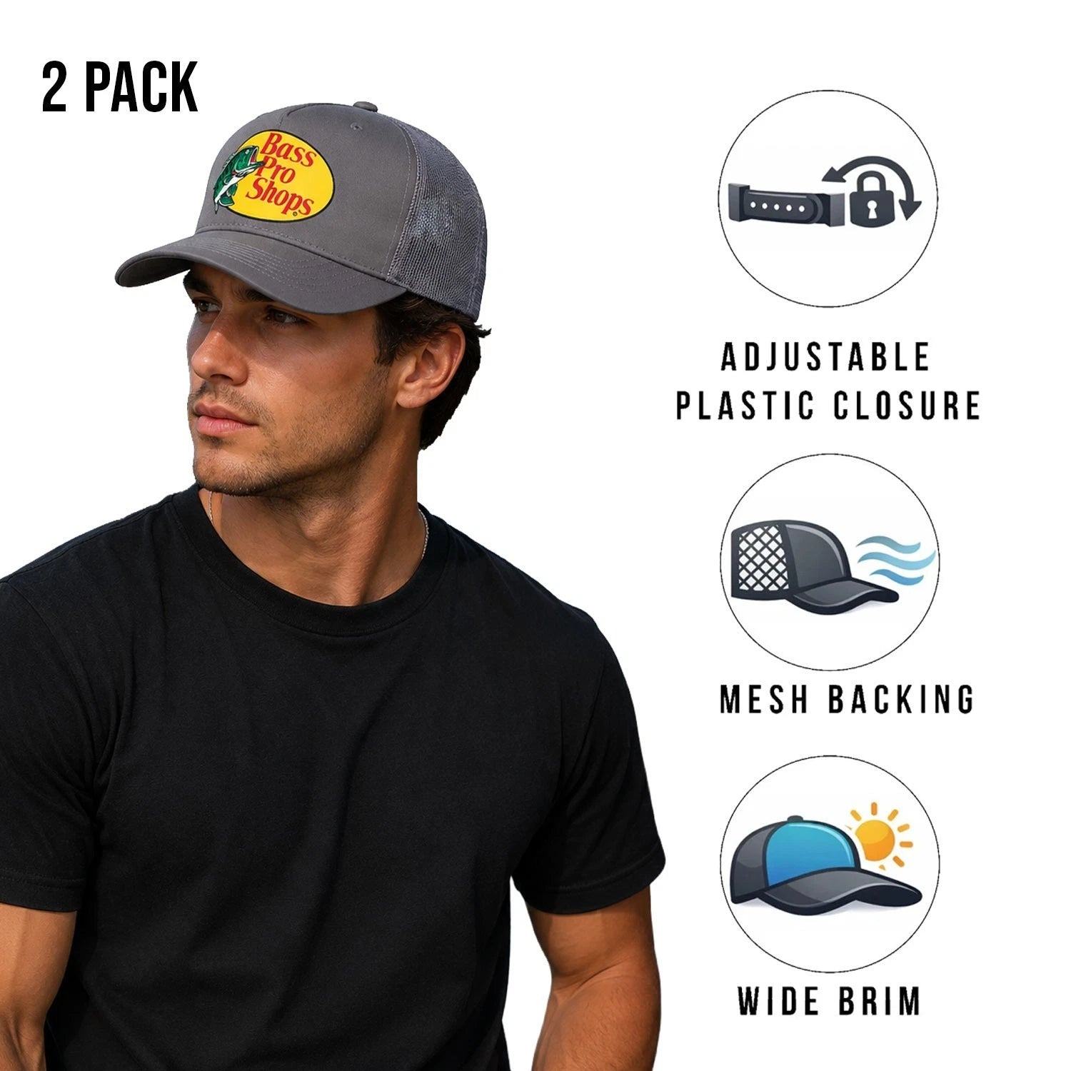 Bass Pro Shops Club Cap Grey Snapback Outdoor Trucker Hat- 2 Pack (S11)