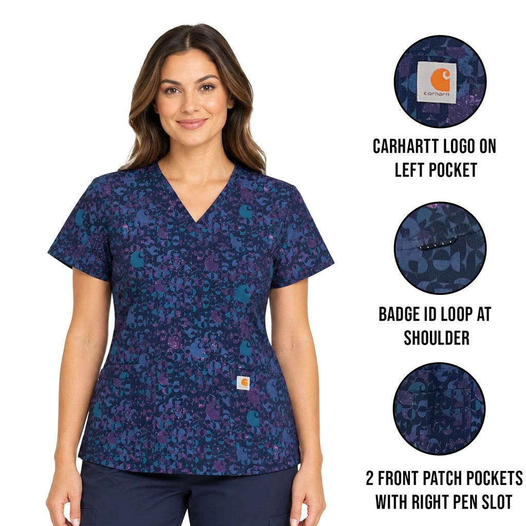 Carhartt Women's Geo Logo Navy Scrub - Large Patch Pockets V-Neck Top (S52)