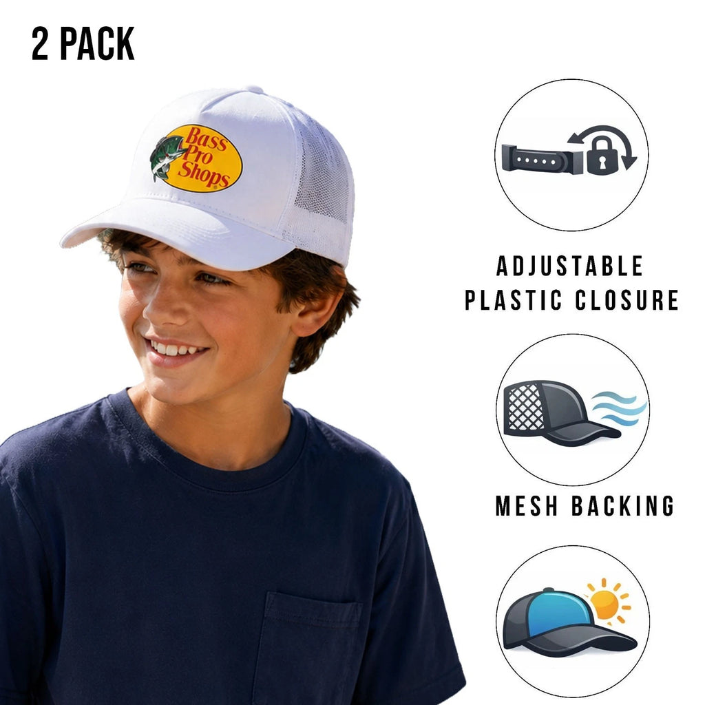Bass Pro Shops Cap White Snapback Outdoor Youth's Trucker Hat- 2 Pack (S17)