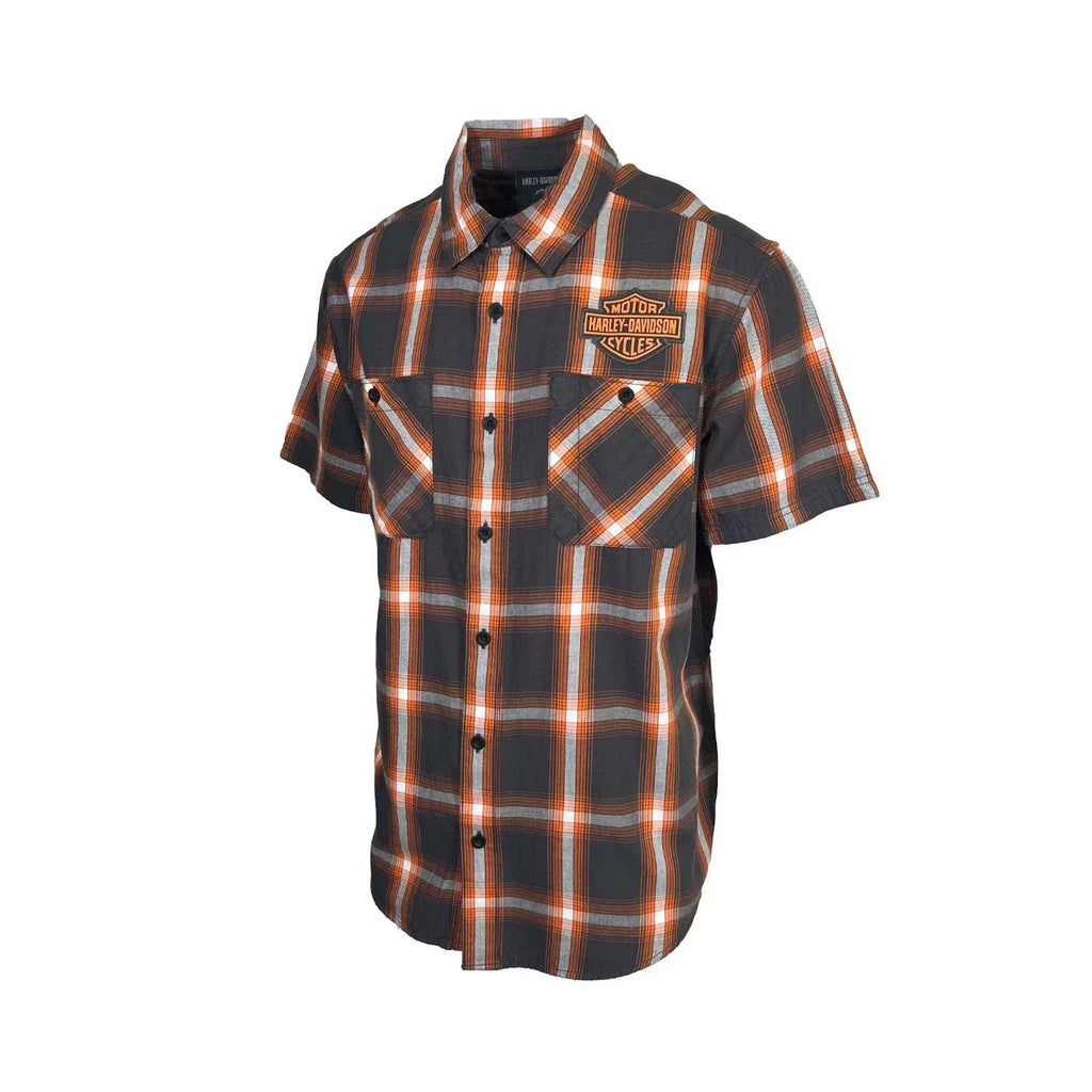 HD Branded  Men's Harley Orange Plaid Shirt Bar & Shield Staple S/S (344)