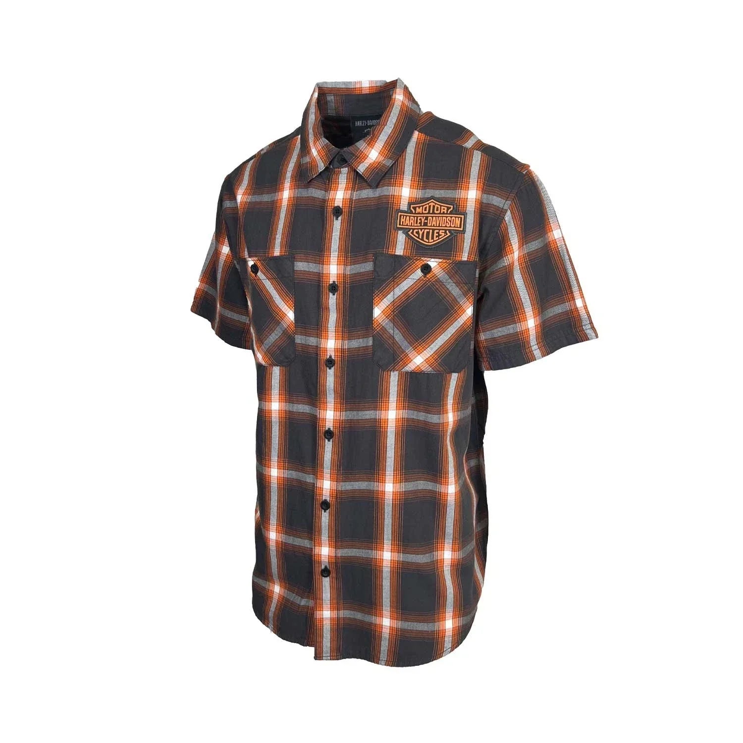 HD Branded  Men's Harley Orange Plaid Shirt Bar & Shield Staple S/S (344)